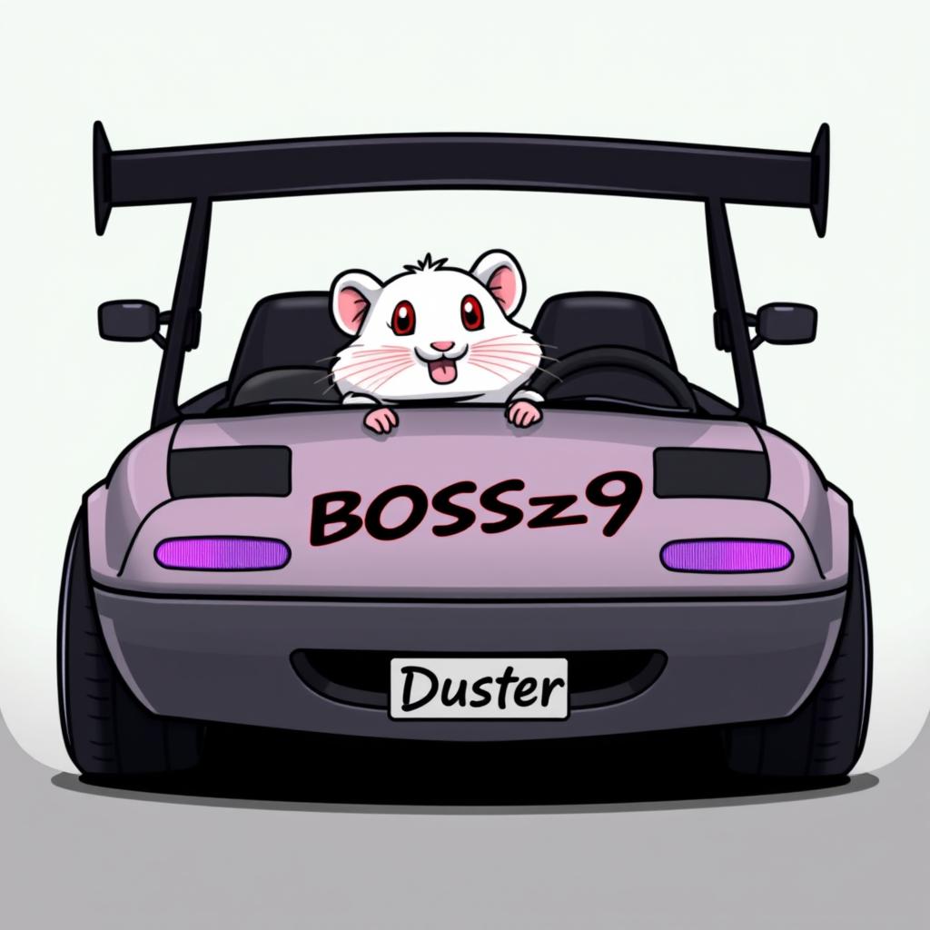 A white hamster with red eyes driving a modified 1990 Mazda Miata