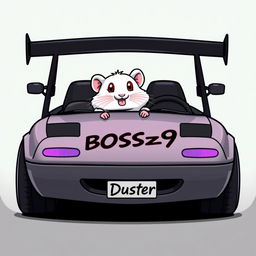 A white hamster with red eyes driving a modified 1990 Mazda Miata