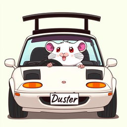 A white hamster with red eyes driving a modified 1990 Mazda Miata