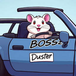 A white hamster with red eyes driving a modified 1990 Mazda Miata
