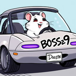 A white hamster with red eyes driving a modified 1990 Mazda Miata
