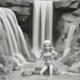 Two-dimensional, black and white cartoon-style colouring page of a Barbie fairy camping under a waterfall on a white background.