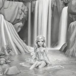 Two-dimensional, black and white cartoon-style colouring page of a Barbie fairy camping under a waterfall on a white background.