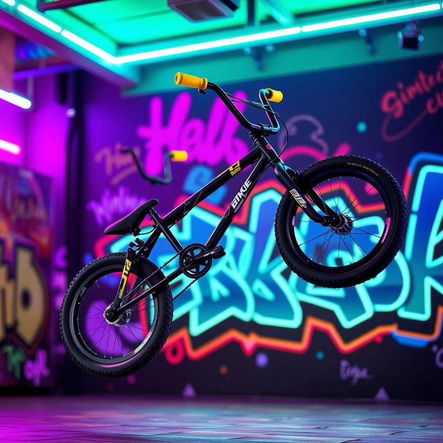 A black BMX bike with one yellow grip and one purple grip, performing an impressive jump