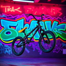 A black BMX bike with one yellow grip and one purple grip, performing an impressive jump