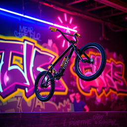 A black BMX bike with one yellow grip and one purple grip, performing an impressive jump