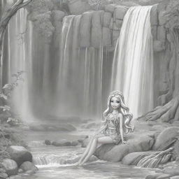 Two-dimensional, black and white cartoon-style colouring page of a Barbie fairy camping under a waterfall on a white background.