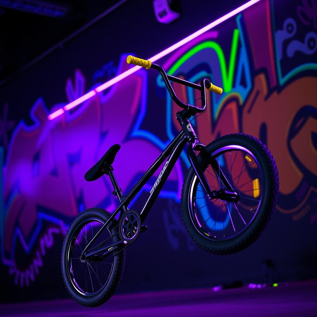 A black BMX bike with one yellow grip and one purple grip, performing an impressive jump