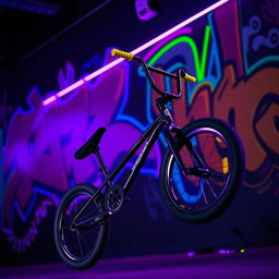 A black BMX bike with one yellow grip and one purple grip, performing an impressive jump