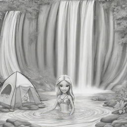 Two-dimensional, black and white cartoon-style colouring page of a Barbie fairy camping under a waterfall on a white background.