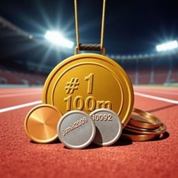 A round gold medal crushing the silver and bronze medals beneath it, prominently featuring the engraving '#1 100m jumis2009' on the gold medal