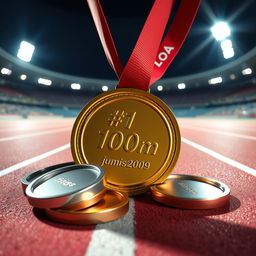 A round gold medal crushing the silver and bronze medals beneath it, prominently featuring the engraving '#1 100m jumis2009' on the gold medal