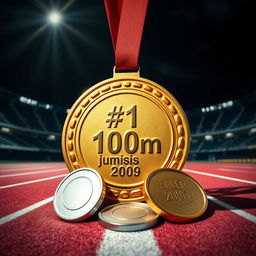 A round gold medal crushing the silver and bronze medals beneath it, prominently featuring the engraving '#1 100m jumis2009' on the gold medal