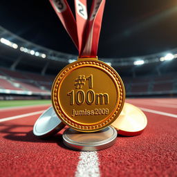 A round gold medal crushing the silver and bronze medals beneath it, prominently featuring the engraving '#1 100m jumis2009' on the gold medal