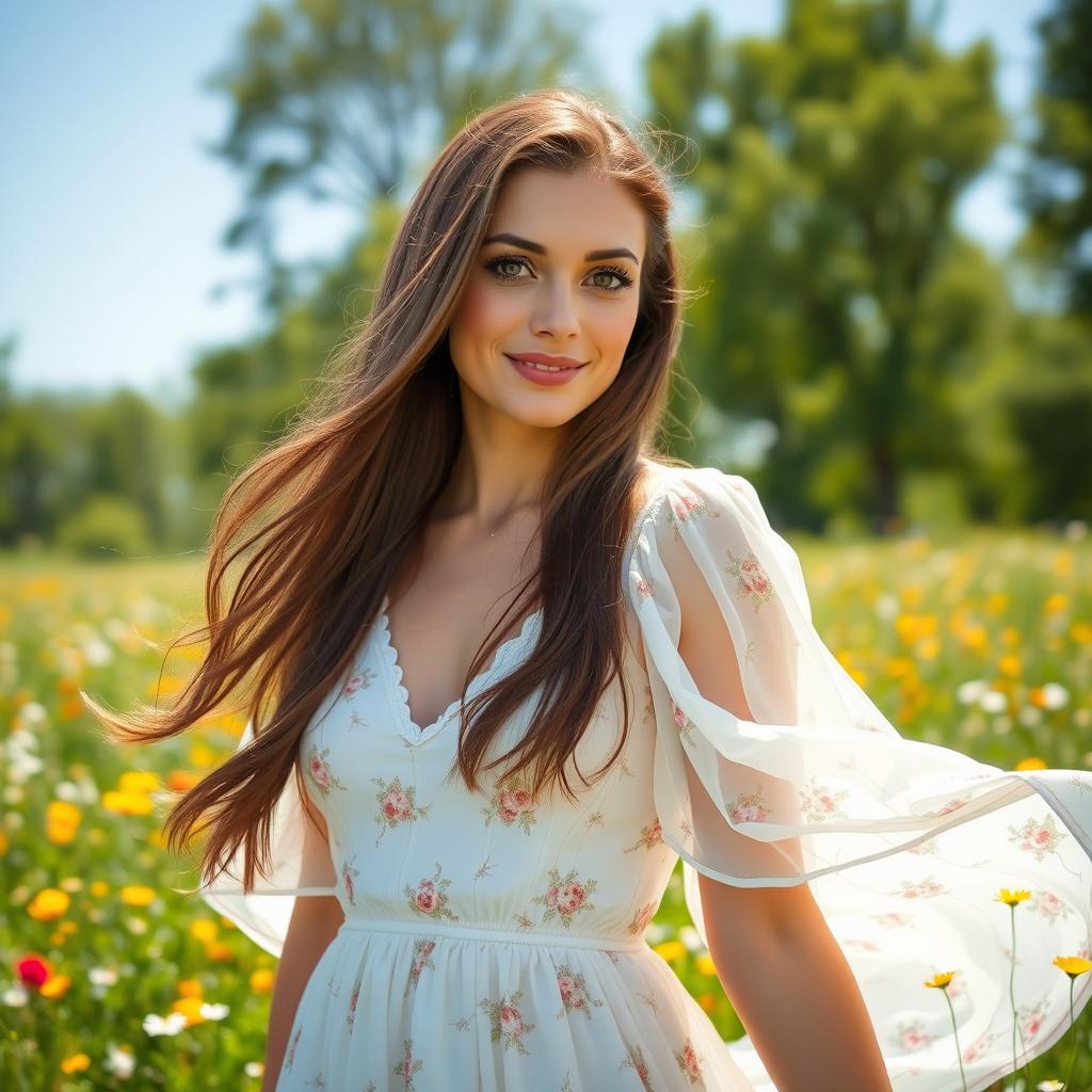 A stunning woman with long, flowing brown hair and bright hazel eyes, wearing a graceful, flowing white dress adorned with delicate floral patterns