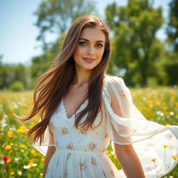 A stunning woman with long, flowing brown hair and bright hazel eyes, wearing a graceful, flowing white dress adorned with delicate floral patterns