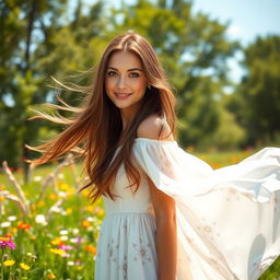 A stunning woman with long, flowing brown hair and bright hazel eyes, wearing a graceful, flowing white dress adorned with delicate floral patterns
