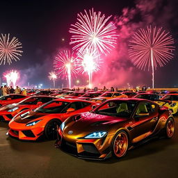 A vibrant nighttime scene featuring a gathering of highly modified super sports cars, each showcasing unique and extreme tuning, illuminated by a brilliant display of fireworks in the sky above