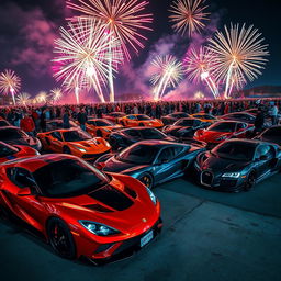 A vibrant nighttime scene featuring a gathering of highly modified super sports cars, each showcasing unique and extreme tuning, illuminated by a brilliant display of fireworks in the sky above