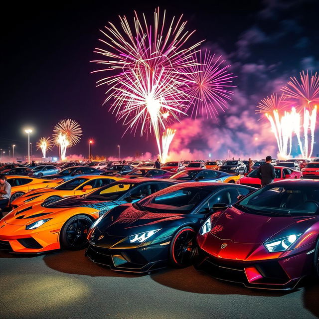 A vibrant nighttime scene featuring a gathering of highly modified super sports cars, each showcasing unique and extreme tuning, illuminated by a brilliant display of fireworks in the sky above