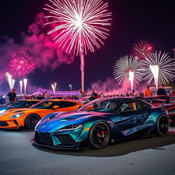 A vibrant nighttime scene featuring a gathering of highly modified super sports cars, each showcasing unique and extreme tuning, illuminated by a brilliant display of fireworks in the sky above