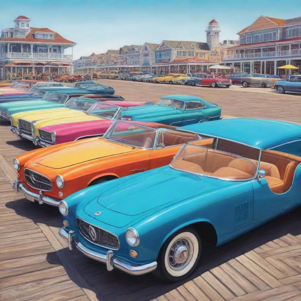 A vibrant cartoon illustration of vintage luxury cars parked side by side in a row on a seaside boardwalk.