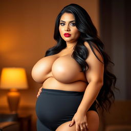 A voluptuous woman with large breasts and a big curvy figure, showcasing her curves confidently