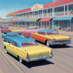 A vibrant cartoon illustration of vintage luxury cars parked side by side in a row on a seaside boardwalk.