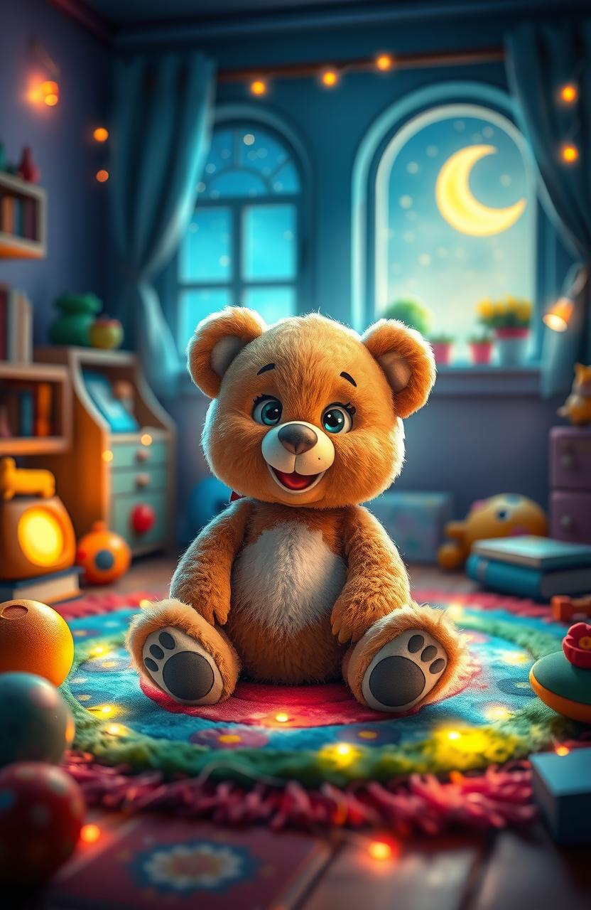 A whimsical scene depicting a cute teddy bear coming to life in a child's bedroom