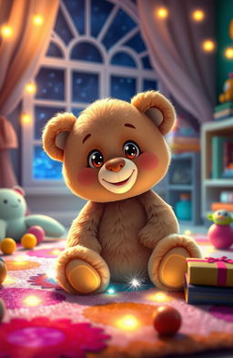 A whimsical scene depicting a cute teddy bear coming to life in a child's bedroom