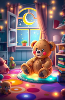 A whimsical scene depicting a cute teddy bear coming to life in a child's bedroom