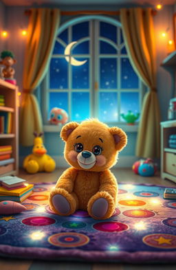 A whimsical scene depicting a cute teddy bear coming to life in a child's bedroom