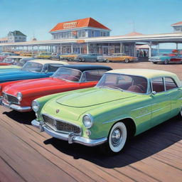 A vibrant cartoon illustration of vintage luxury cars parked side by side in a row on a seaside boardwalk.