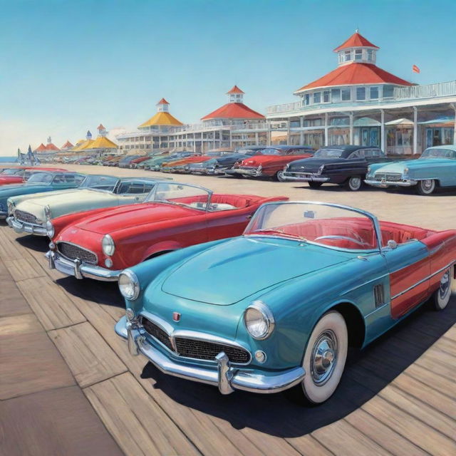 A vibrant cartoon illustration of vintage luxury cars parked side by side in a row on a seaside boardwalk.