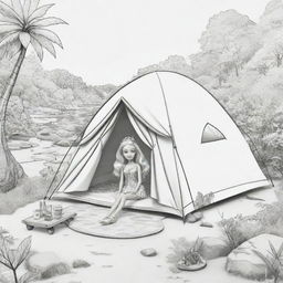 Two-dimensional, black and white cartoon-style colouring page of a Barbie fairy camping in paradise on a white background.