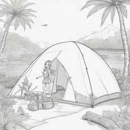 Two-dimensional, black and white cartoon-style colouring page of a Barbie fairy camping in paradise on a white background.