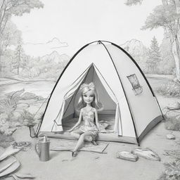 Two-dimensional, black and white cartoon-style colouring page of a Barbie fairy camping in paradise on a white background.