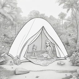 Two-dimensional, black and white cartoon-style colouring page of a Barbie fairy camping in paradise on a white background.