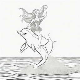 Two-dimensional, black and white cartoon-style colouring page of a Barbie fairy riding on a dolphin's back in the ocean on a white background.