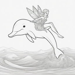 Two-dimensional, black and white cartoon-style colouring page of a Barbie fairy riding on a dolphin's back in the ocean on a white background.