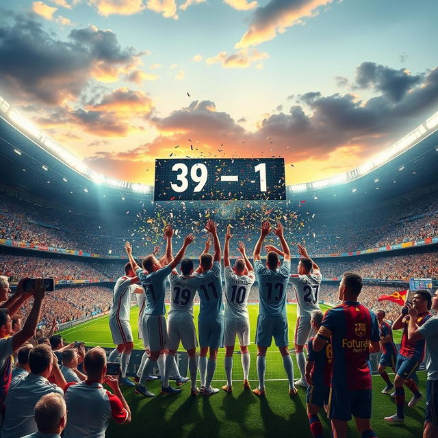 An imaginative and exaggerated depiction of a football match between Real Madrid and FC Barcelona, showcasing a clearly victorious Real Madrid scoring an astonishing 39 goals against Barcelona's single goal