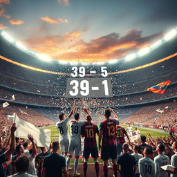 An imaginative and exaggerated depiction of a football match between Real Madrid and FC Barcelona, showcasing a clearly victorious Real Madrid scoring an astonishing 39 goals against Barcelona's single goal