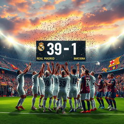 An imaginative and exaggerated depiction of a football match between Real Madrid and FC Barcelona, showcasing a clearly victorious Real Madrid scoring an astonishing 39 goals against Barcelona's single goal