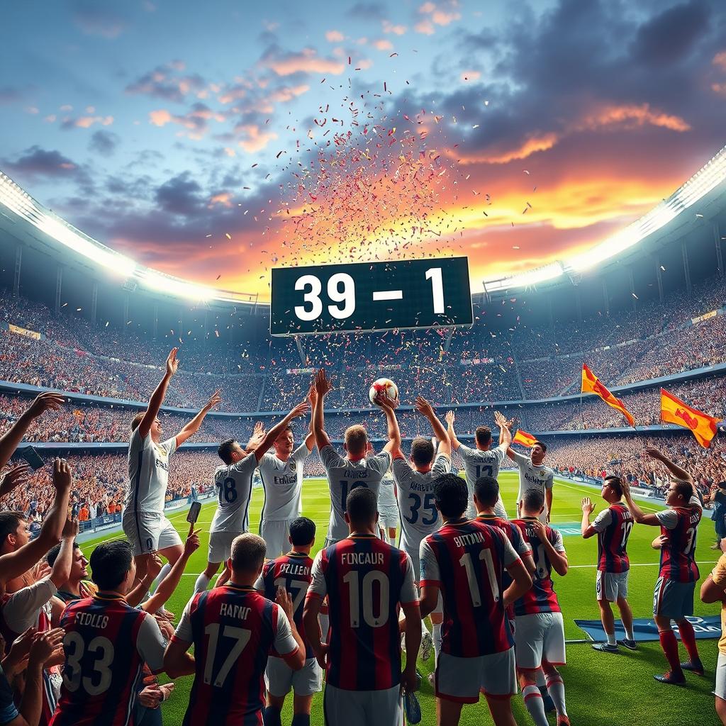 An imaginative and exaggerated depiction of a football match between Real Madrid and FC Barcelona, showcasing a clearly victorious Real Madrid scoring an astonishing 39 goals against Barcelona's single goal