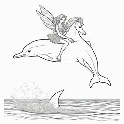 Two-dimensional, black and white cartoon-style colouring page of a Barbie fairy riding on a dolphin's back in the ocean on a white background.