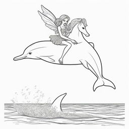 Two-dimensional, black and white cartoon-style colouring page of a Barbie fairy riding on a dolphin's back in the ocean on a white background.