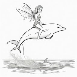 Two-dimensional, black and white cartoon-style colouring page of a Barbie fairy riding on a dolphin's back in the ocean on a white background.