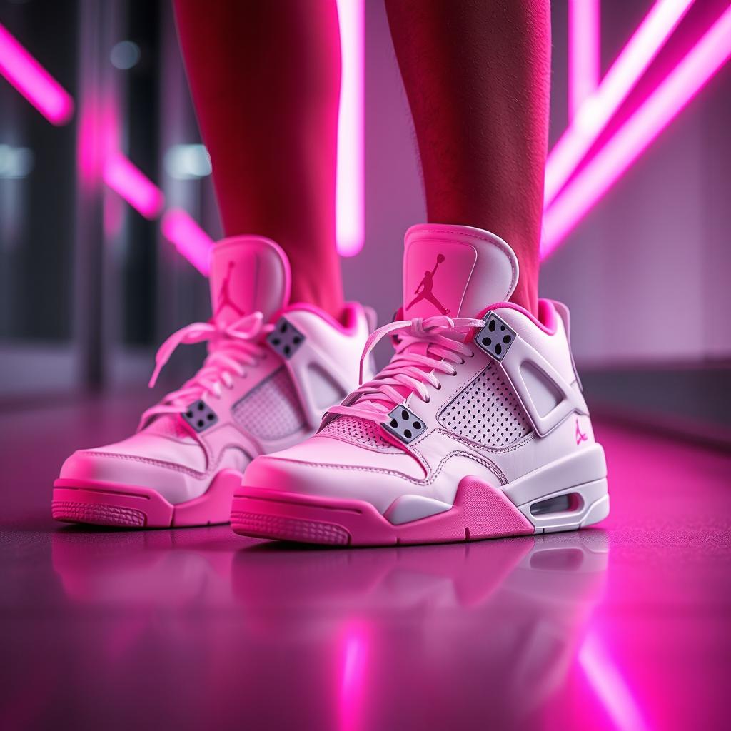 A pair of white and pink Jordan 4 sneakers featuring a collaboration with the Polo brand