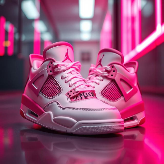 A pair of white and pink Jordan 4 sneakers featuring a collaboration with the Polo brand