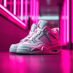 A pair of white and pink Jordan 4 sneakers featuring a collaboration with the Polo brand